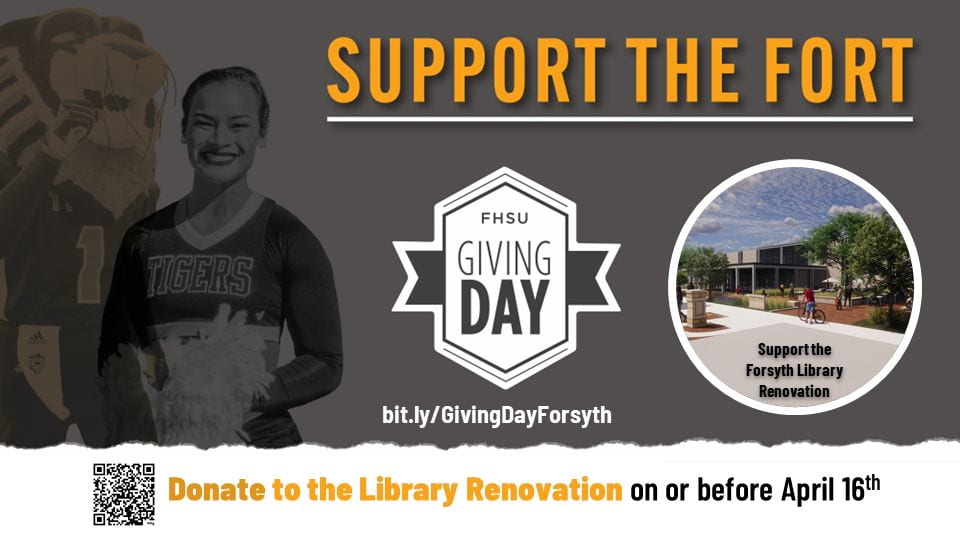 Donate to the Forsyth Library renovation by making a gift on or before April 16th, 2024 to contribute to the FHSU 2024 Giving Day campaign.