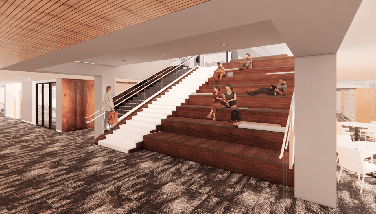 Amphitheatre seating on the learning stair that opens from the main level to the lower level